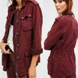 Free People Not Your Brother's Military Utility Cargo Jacket Burgundy Pocket XS